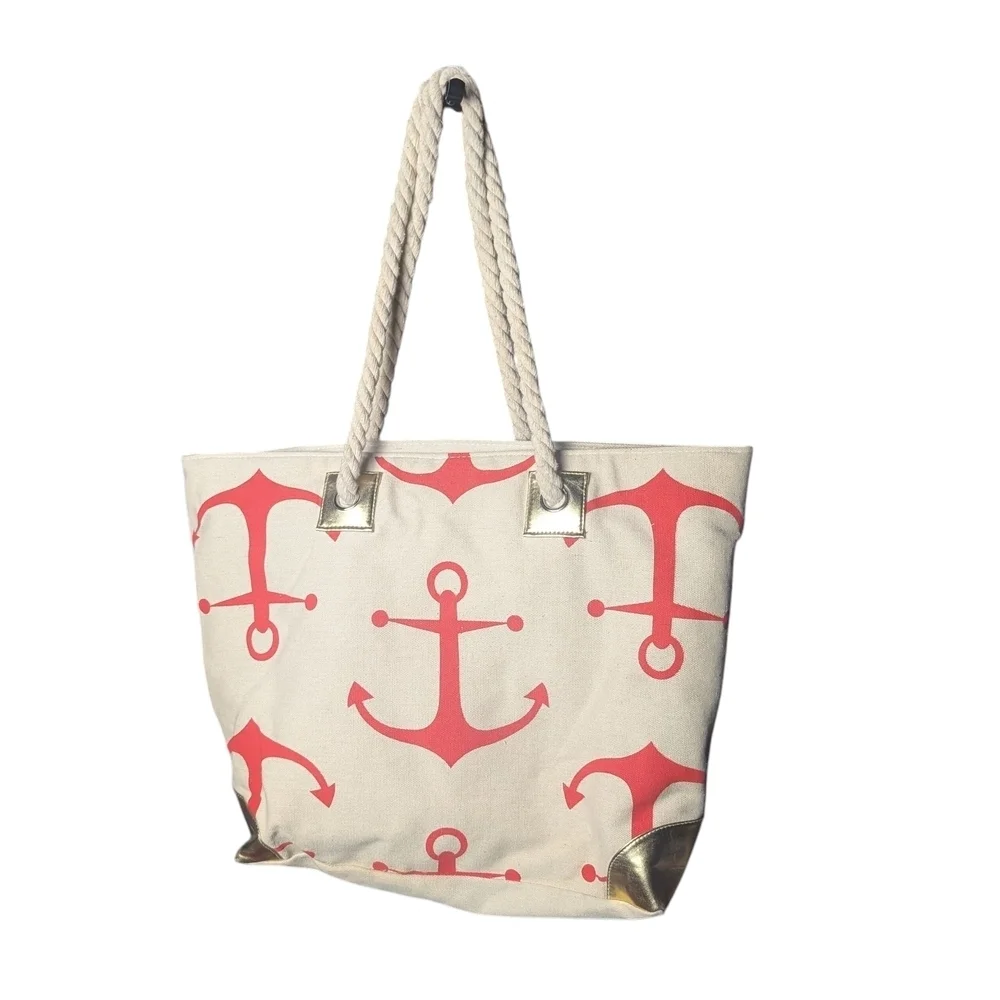 Bahamas XL Anchor Beach Tote Vacation Overnight Bag Coral Gold FLAW SEE BELOW